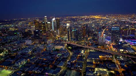 Aerial View Of A Downtown Los Angeles Just After Sunset In