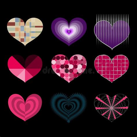 Set Of Vector Symbols Of Multiple Colorful Hearts On Black Background
