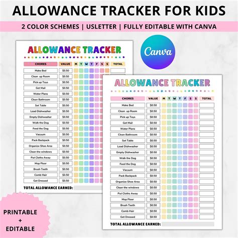Editable Allowance Tracker for Kids,printable Allowance Chore Chart
