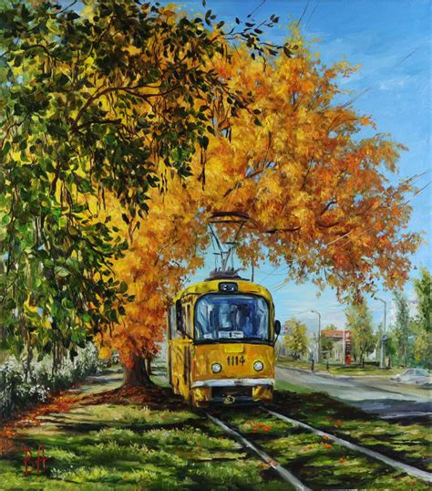 Cityscape Oil Painting On Canvas Yellow Tram Painting Train Etsy