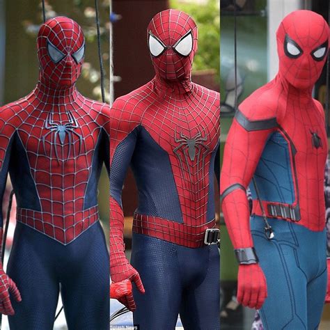 Spider Man Comparison Of All Three Suits While On Set Marvelstudios