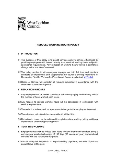 I hereby request prior approval to change from fulltime to parttime enrollment status during the. Reduced Working Hours Policy