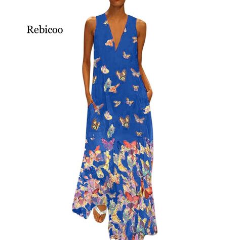 15 Colors Bohemia Dress Women Plus Size S 5xl Sexy V Neck Loose Butterfly Print Sleeveless