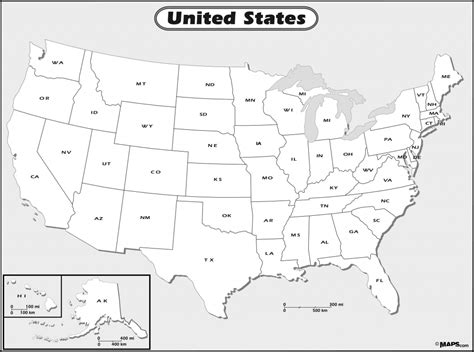 Black And White Us Map With State Names United States Map