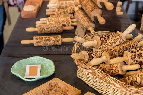 Traditional Wooden Rolling Pin With Texture Of Beautiful Traditional