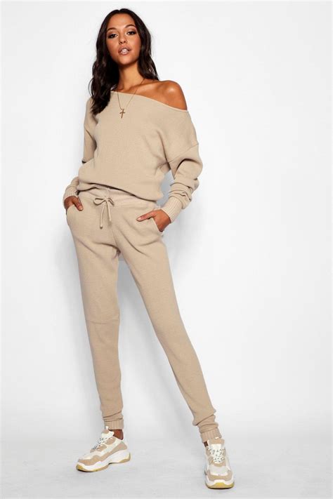Tall Slash Neck Knitted Co Ord Loungewear Outfits Knitted Loungewear