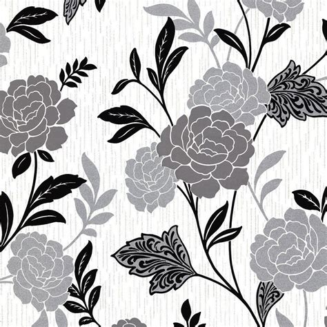 Black White Silver Flower Floral Wallpaper Textured Vinyl Glitter Carla