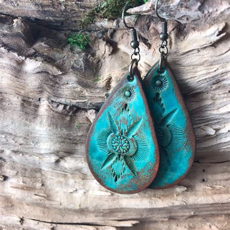 Hand Tooled Leather Teardrop Earrings With Turquoise And Deep Etsy