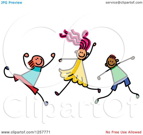 Clipart Of A Diverse Group Of Stick Children Dancing And Jumping