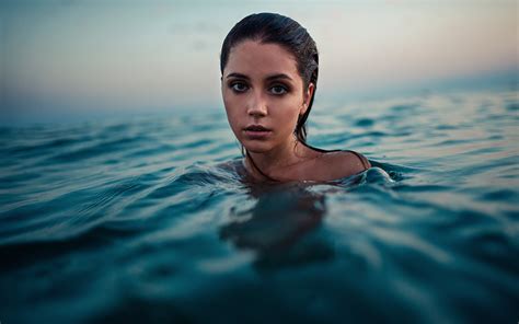 Wallpaper Ksenia Kokoreva Face Sea Wet Hair Women Outdoors Water Drops 2048x1280