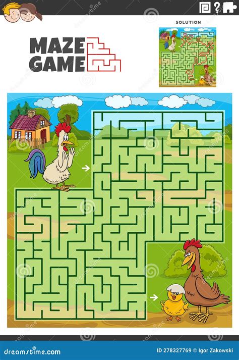 Maze Game Activity With Cartoon Chickens Characters Stock Vector