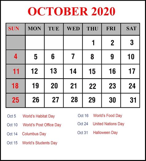 October 2020 Holidays Calendar Calendar Usa October Calendar Holiday