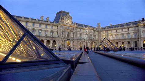 Glass Pyramid Of Louvre Art Museum In Night Paris France Sightseeing