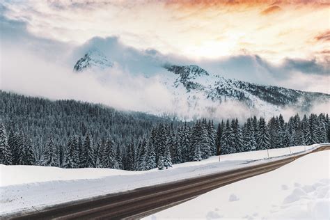 Wallpaper Winter Snow Road Mountains Fog Hd Widescreen High