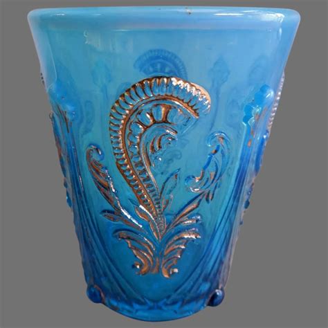 Northwood Glass Inverted Fan And Feather Blue And Opalescent Tumbler