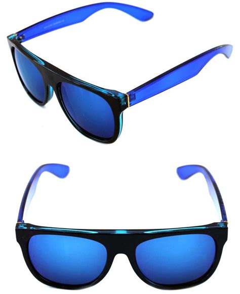 Mens Flat Top Sunglasses Impero Super Black Blue Frame Blue Mirrored