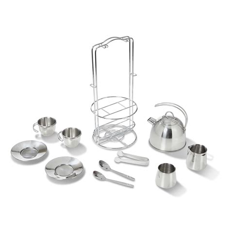 Melissa And Doug Kitchen Play Stainless Steel Tea Set And Storage Stand