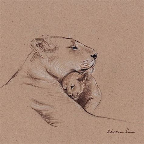 A Mothers Pride Lioness And Cub Original Pencil Drawing Poster