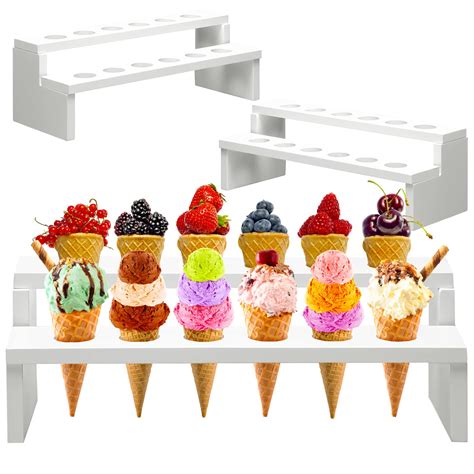 Buy Qunclay Pack Wooden Ice Cream Cone Holder Stand Holes Double Layers Charcuterie Food