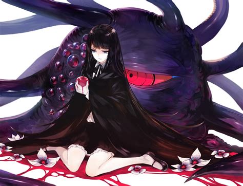 Download 1400x1071 Anime Girl Black Hair Sitting Apple Monster Flower Cape Creature Red