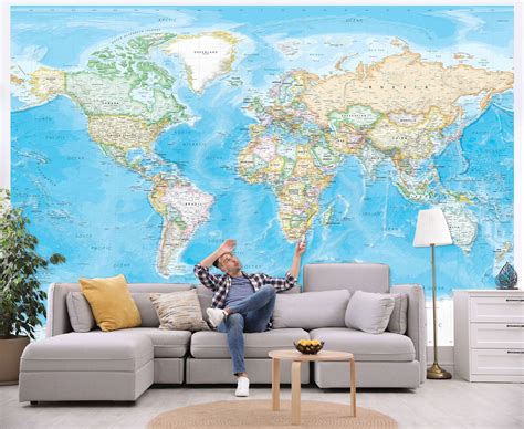 Giant World Map Wall Mural Blue Ocean W Soft Colors Political Map The Best Porn Website