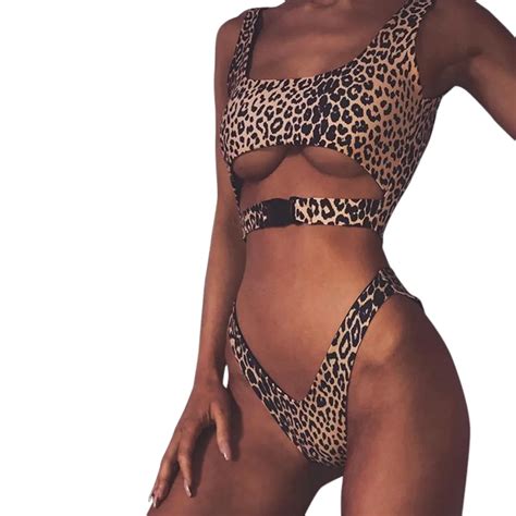 2018 Swimwear Women Sexy Buckle Leopard Bikini Set Push Up Padded Bathing Suit Triangle Bikini