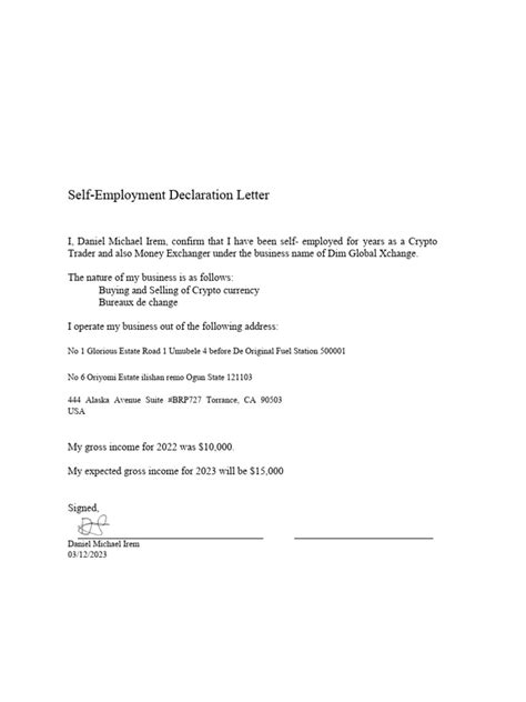 Self Employment Declaration Signed Pdf