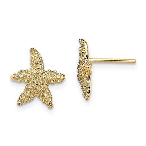 Jewelryweb 11mm 14k Gold Sea Shell Nautical Starfish Post Earrings