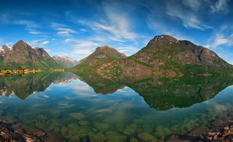 Mountain Water Reflection Norway Lake Snowy Peak Villages Nature