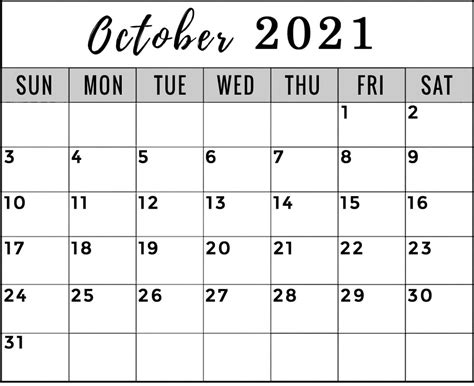 Free Printable October 2021 Calendar Oct Template Blank Landscape