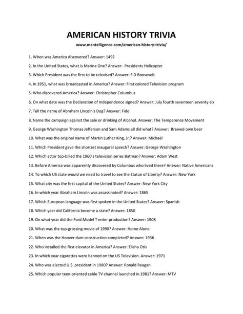 American History Trivia Questions And Answers Printable Challenge