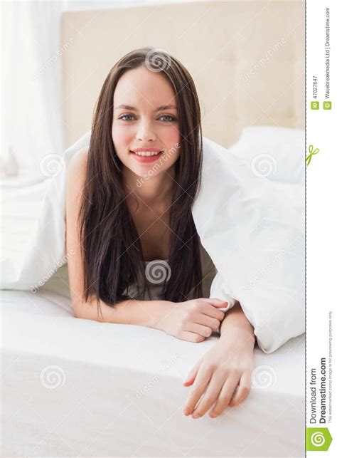 Pretty Brunette Lying On Bed Stock Image Image Of Domestic Household