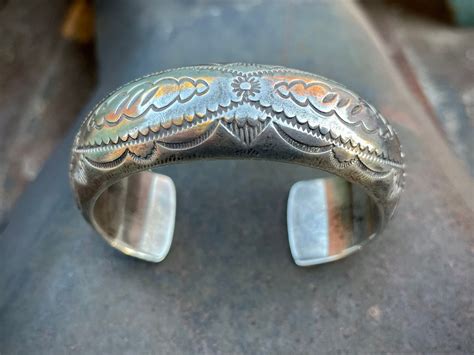 Vintage Navajo Albert Bighand Stamped Sterling Silver Cuff, Native