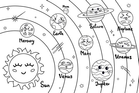 Solar System Coloring Book In Cartoon Style Cute Funny Characters Sun