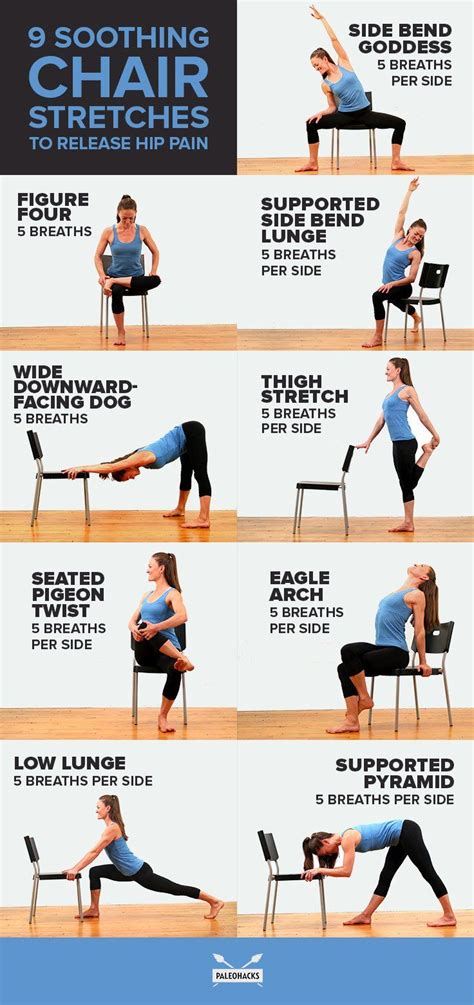A Woman Doing Yoga Poses On A Chair With The Words 9 Soothing Chair