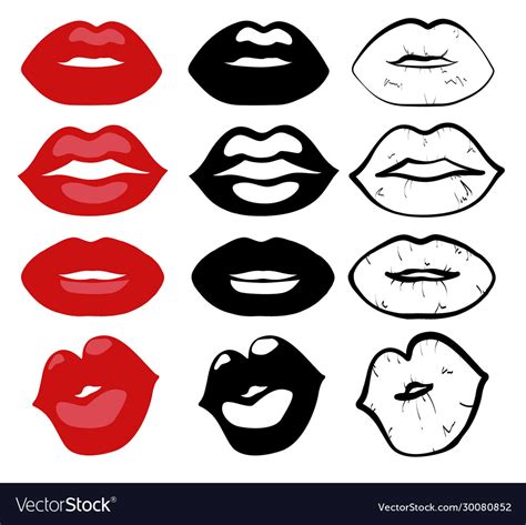 Set Female Lips Color Bw And Silhouettes Lips Vector Image