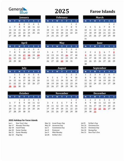 2025 Faroe Islands Calendar With Holidays