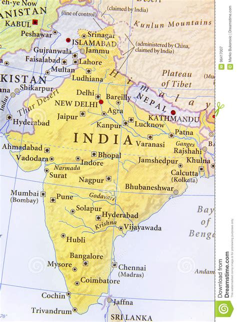 Geograficzna Mapa India Z Znacząco Miastami Obraz Stock Obraz