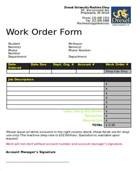 Printable Work Order Sheets