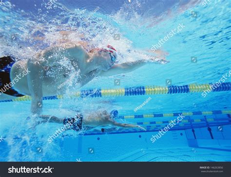 Underwater Shot Three Male Athletes Swimming Stock Photo 146263856