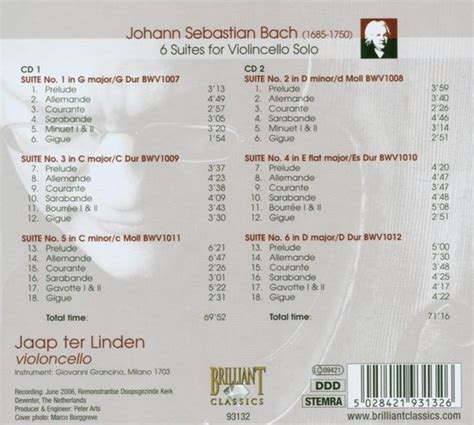 Jaap Ter Linden Bach Cello Solo Suites Cd Jaap Ter Linden Cd