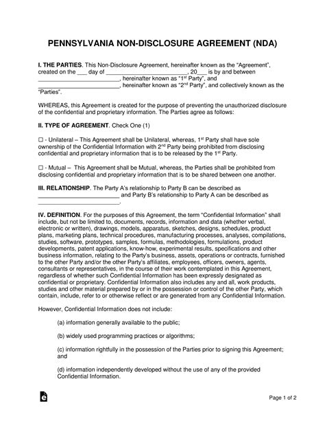 The confidential information is defined in the agreement which includes, but not limited to, proprietary information, trade secrets, and any other details which may include personal. Pennsylvania Non-Disclosure Agreement (NDA) Template ...