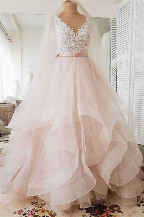 Blush Pink Lace Wedding Dress Multi Layered Wedding Gowns With Ribbon