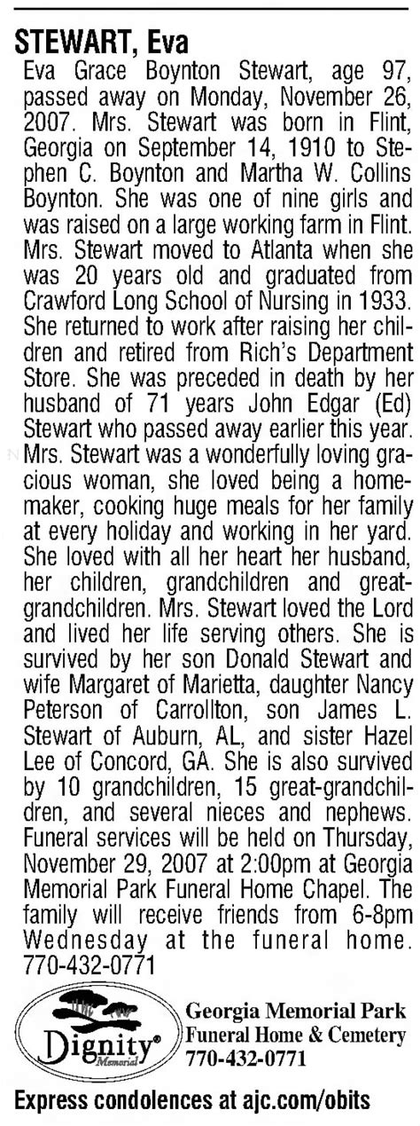 Obituary For Eva Stewart 1910 2007 Aged 97