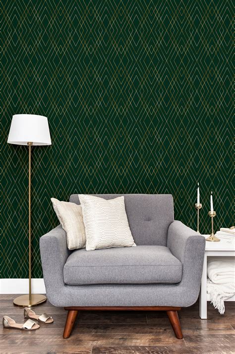 Green And Gold Peel And Stick Wallpaper Self Adhesive Geometric Etsy