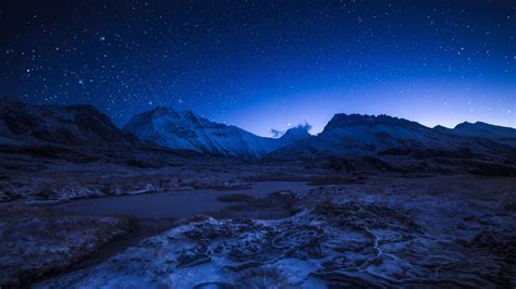 Starry Night Sky Above The Snowy Mountains Backiee