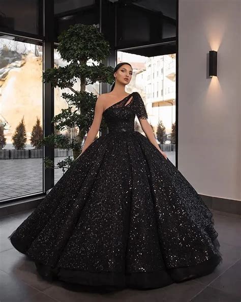 Long Black Evening Dress 2019 Puffy Ball Gown One Shoulder Sequin Party
