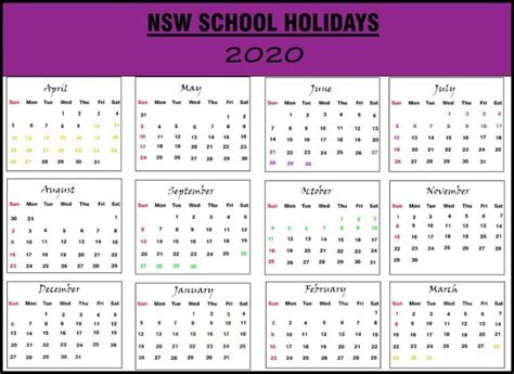 Nsw 2020 School Holidays Calendar Template New South Wales