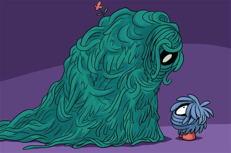 A Cartoon Character Standing Next To A Giant Blue Monster With Its Eyes