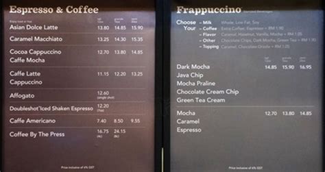 In this article, we have provided you with a complete starbucks menu and price list. 大马Starbucks涨价了! 小杯Frappucino就要 RM17.50 | LC 小傢伙綜合網
